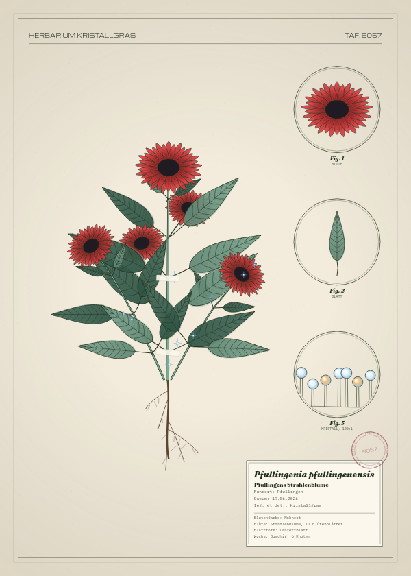 Botanische Tafel: Pfullingenia pfullingenensis, eine erfundene Pflanze aus Pfullingen, gezeichnet wie in einem alten Pflanzenatlas