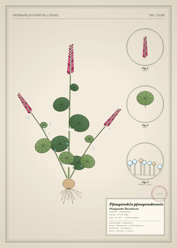 Botanische Tafel: Pfungstadtia pfungstadtensis, eine erfundene Pflanze aus Pfungstadt, gezeichnet wie in einem alten Pflanzenatlas