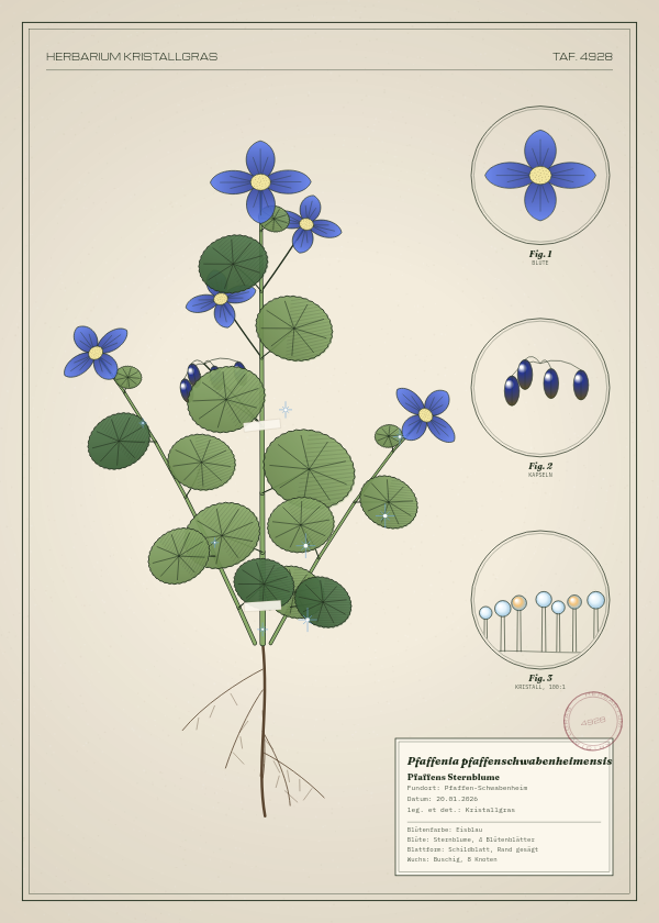 Botanische Tafel: Pfaffenia pfaffenschwabenheimensis, eine erfundene Pflanze aus Pfaffen-Schwabenheim, gezeichnet wie in einem alten Pflanzenatlas