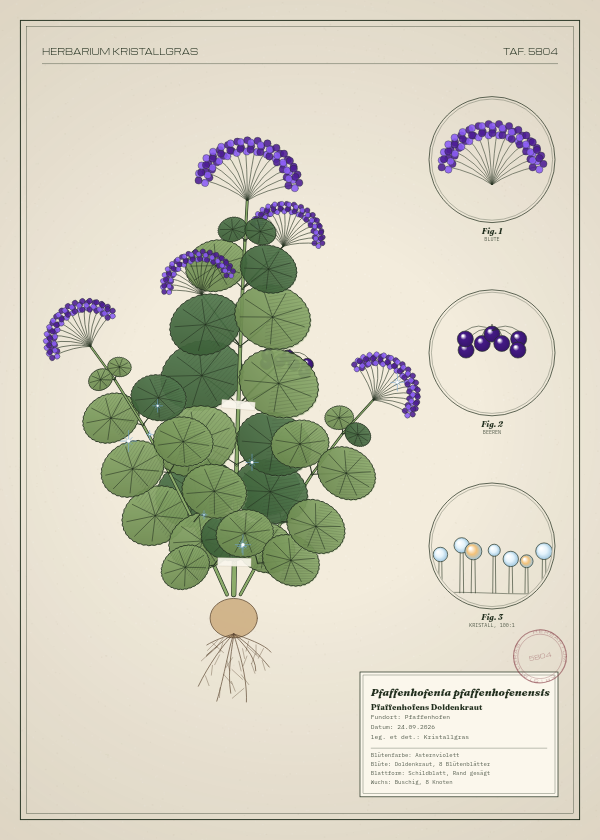 Botanische Tafel: Pfaffenhofenia pfaffenhofenensis, eine erfundene Pflanze aus Pfaffenhofen, gezeichnet wie in einem alten Pflanzenatlas
