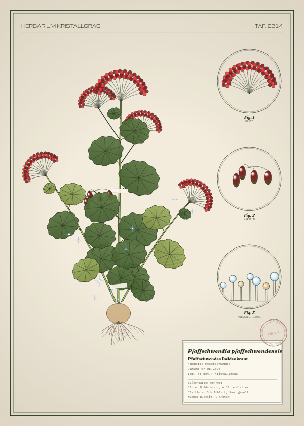 Botanische Tafel: Pfaffschwendia pfaffschwendensis, eine erfundene Pflanze aus Pfaffschwende, gezeichnet wie in einem alten Pflanzenatlas