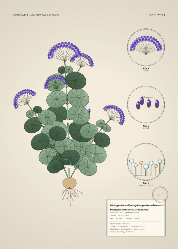 Botanische Tafel: Pfalzgrafenweileria pfalzgrafenweilerensis, eine erfundene Pflanze aus Pfalzgrafenweiler, gezeichnet wie in einem alten Pflanzenatlas