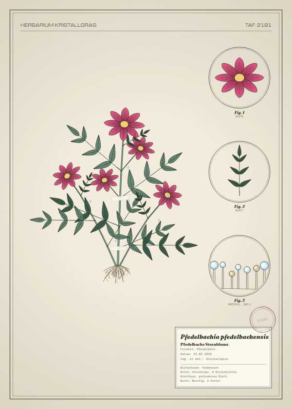 Botanische Tafel: Pfedelbachia pfedelbachensis, eine erfundene Pflanze aus Pfedelbach, gezeichnet wie in einem alten Pflanzenatlas