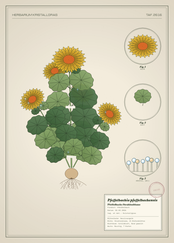 Botanische Tafel: Pfeffelbachia pfeffelbachensis, eine erfundene Pflanze aus Pfeffelbach, gezeichnet wie in einem alten Pflanzenatlas