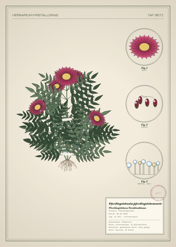 Botanische Tafel: Pferdingslebenia pferdingslebenensis, eine erfundene Pflanze aus Pferdingsleben, gezeichnet wie in einem alten Pflanzenatlas