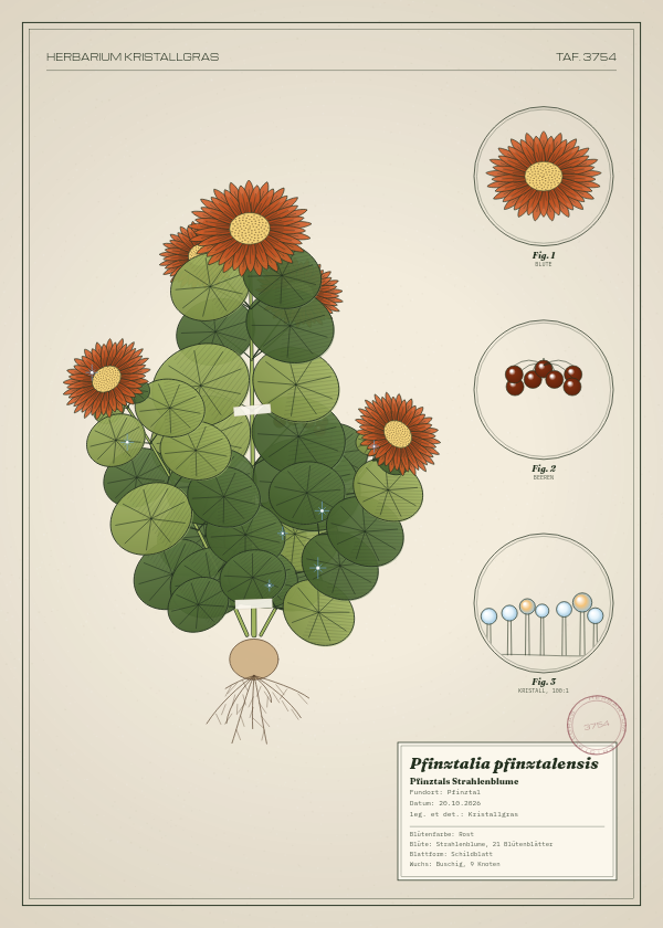 Botanische Tafel: Pfinztalia pfinztalensis, eine erfundene Pflanze aus Pfinztal, gezeichnet wie in einem alten Pflanzenatlas