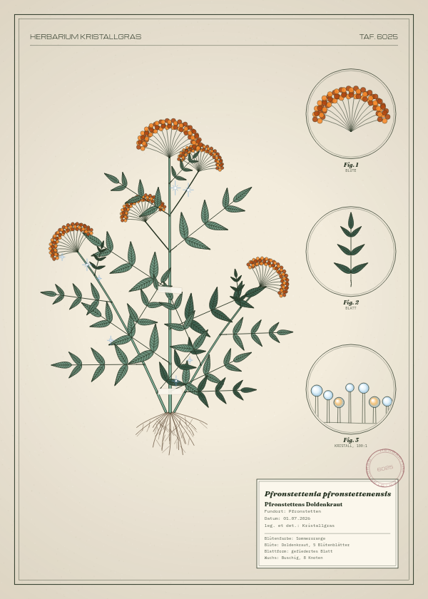 Botanische Tafel: Pfronstettenia pfronstettenensis, eine erfundene Pflanze aus Pfronstetten, gezeichnet wie in einem alten Pflanzenatlas