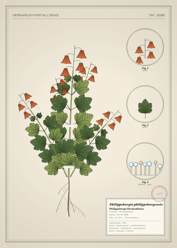 Botanische Tafel: Philippsburgia philippsburgensis, eine erfundene Pflanze aus Philippsburg, gezeichnet wie in einem alten Pflanzenatlas