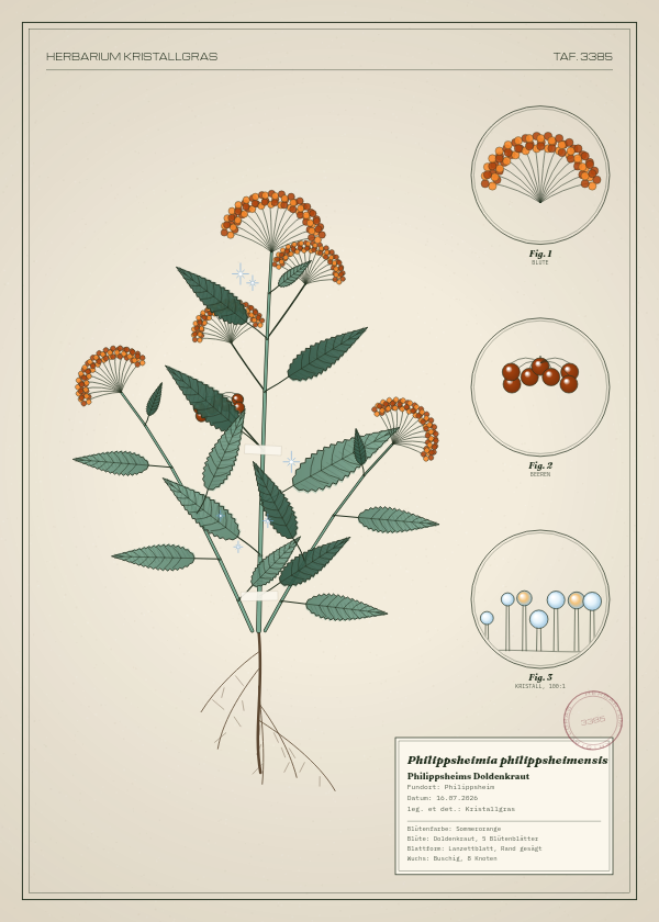 Botanische Tafel: Philippsheimia philippsheimensis, eine erfundene Pflanze aus Philippsheim, gezeichnet wie in einem alten Pflanzenatlas