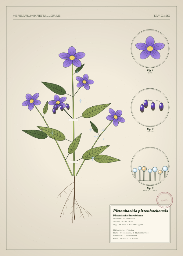 Botanische Tafel: Pittenbachia pittenbachensis, eine erfundene Pflanze aus Pittenbach, gezeichnet wie in einem alten Pflanzenatlas