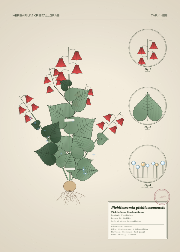 Botanische Tafel: Pickliessemia pickliessemensis, eine erfundene Pflanze aus Pickließem, gezeichnet wie in einem alten Pflanzenatlas