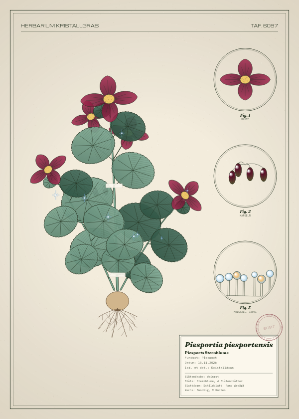 Botanische Tafel: Piesportia piesportensis, eine erfundene Pflanze aus Piesport, gezeichnet wie in einem alten Pflanzenatlas