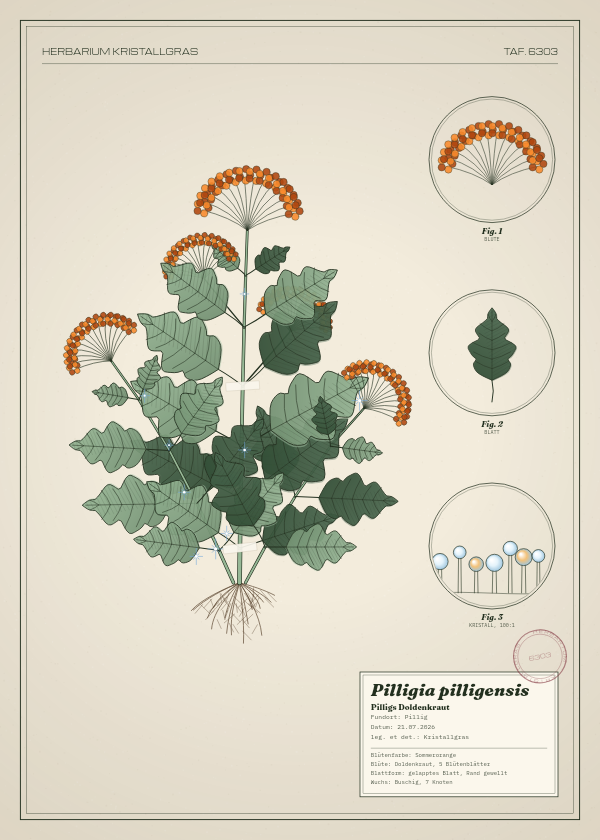 Botanische Tafel: Pilligia pilligensis, eine erfundene Pflanze aus Pillig, gezeichnet wie in einem alten Pflanzenatlas