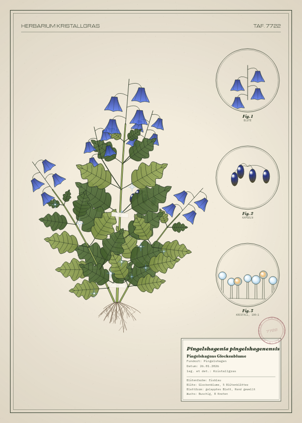 Botanische Tafel: Pingelshagenia pingelshagenensis, eine erfundene Pflanze aus Pingelshagen, gezeichnet wie in einem alten Pflanzenatlas