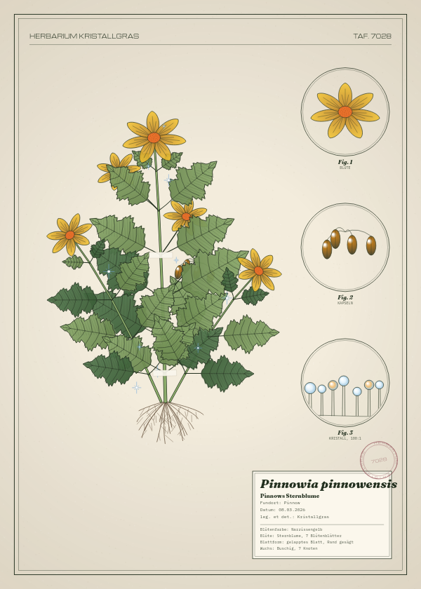Botanische Tafel: Pinnowia pinnowensis, eine erfundene Pflanze aus Pinnow, gezeichnet wie in einem alten Pflanzenatlas