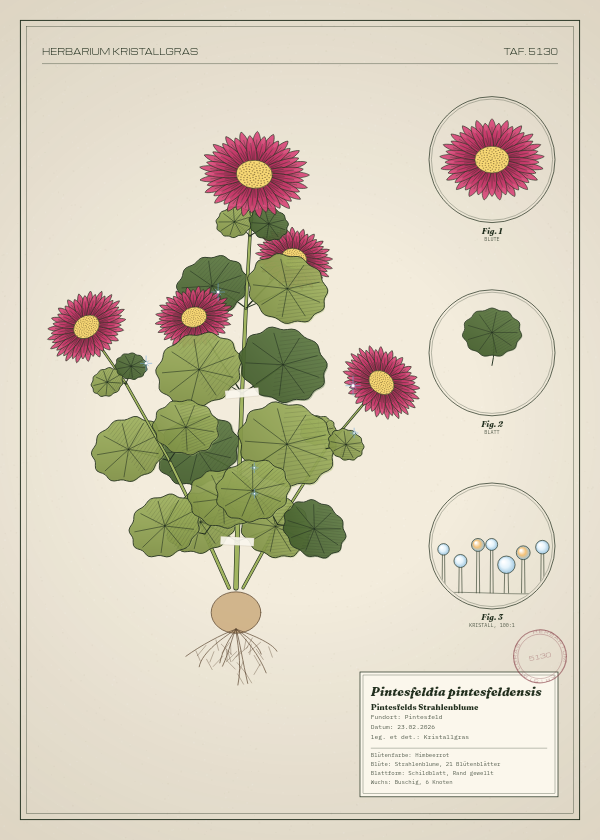 Botanische Tafel: Pintesfeldia pintesfeldensis, eine erfundene Pflanze aus Pintesfeld, gezeichnet wie in einem alten Pflanzenatlas
