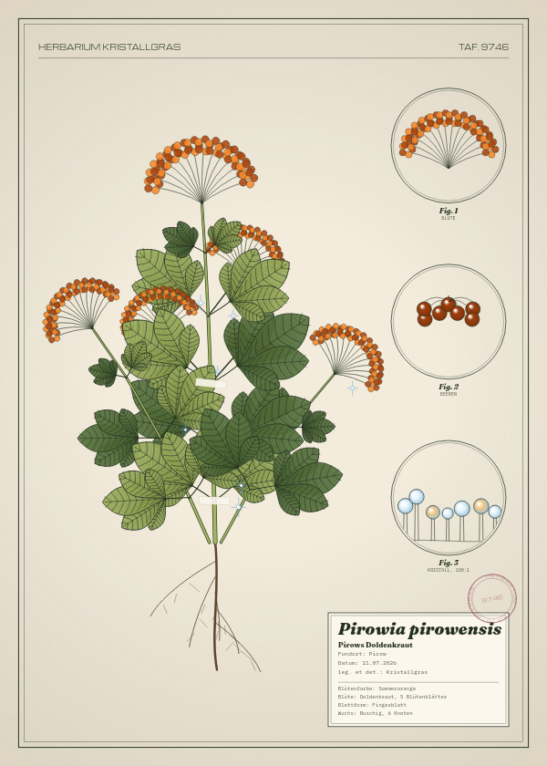 Botanische Tafel: Pirowia pirowensis, eine erfundene Pflanze aus Pirow, gezeichnet wie in einem alten Pflanzenatlas