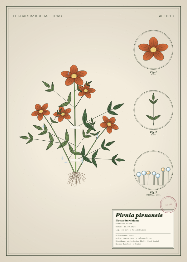 Botanische Tafel: Pirnia pirnensis, eine erfundene Pflanze aus Pirna, gezeichnet wie in einem alten Pflanzenatlas