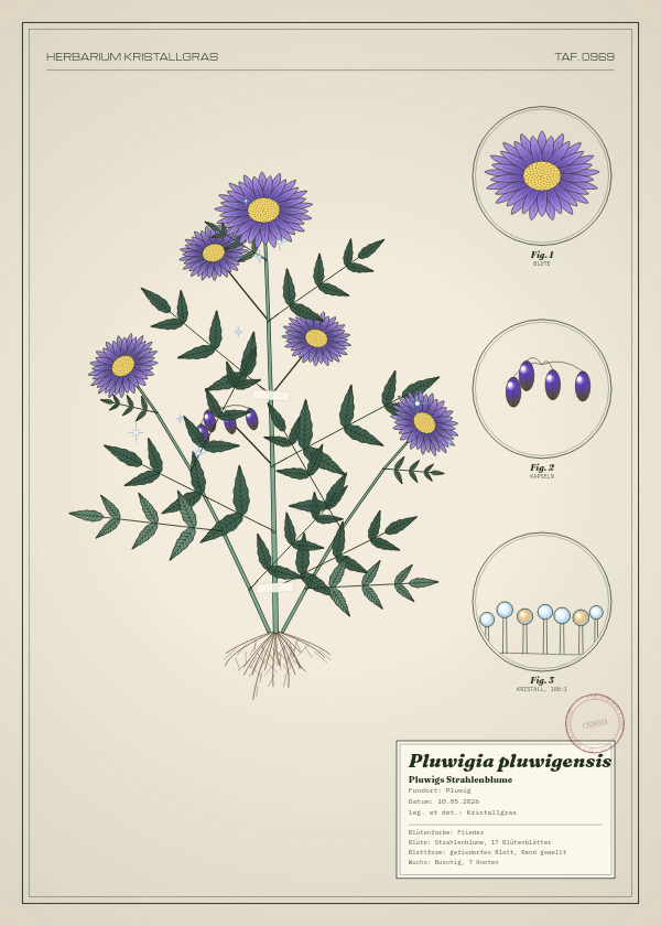 Botanische Tafel: Pluwigia pluwigensis, eine erfundene Pflanze aus Pluwig, gezeichnet wie in einem alten Pflanzenatlas