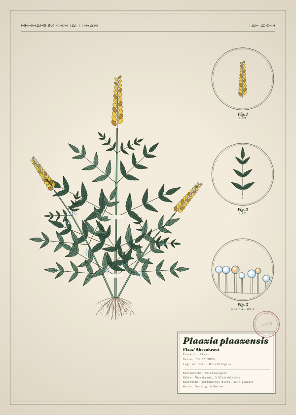 Botanische Tafel: Plaazia plaazensis, eine erfundene Pflanze aus Plaaz, gezeichnet wie in einem alten Pflanzenatlas