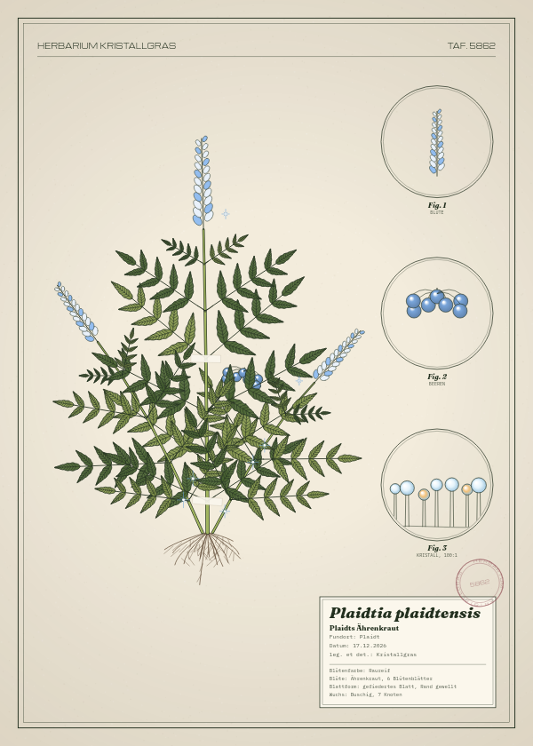 Botanische Tafel: Plaidtia plaidtensis, eine erfundene Pflanze aus Plaidt, gezeichnet wie in einem alten Pflanzenatlas