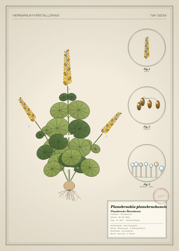 Botanische Tafel: Planebruchia planebruchensis, eine erfundene Pflanze aus Planebruch, gezeichnet wie in einem alten Pflanzenatlas