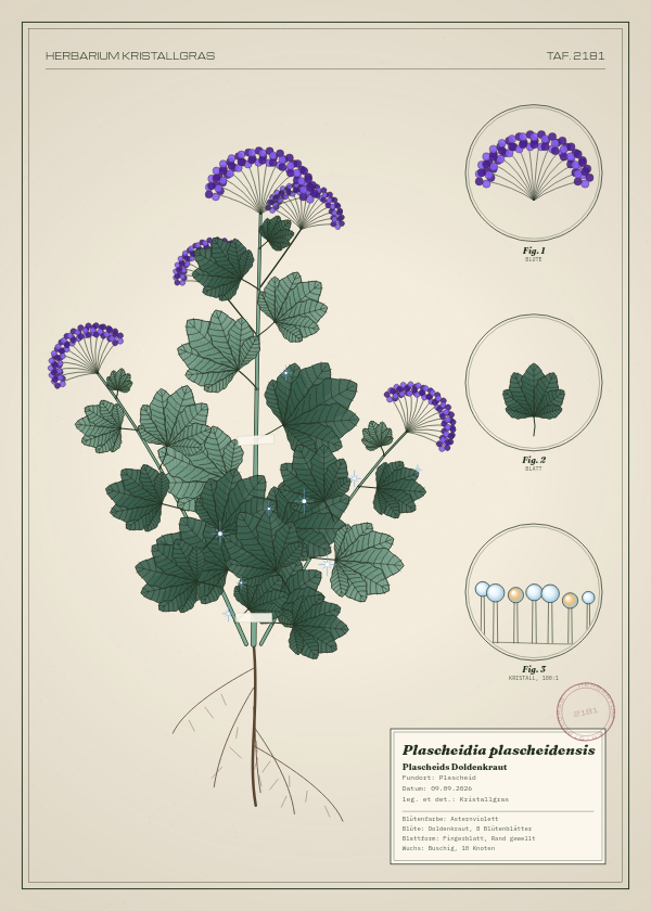Botanische Tafel: Plascheidia plascheidensis, eine erfundene Pflanze aus Plascheid, gezeichnet wie in einem alten Pflanzenatlas