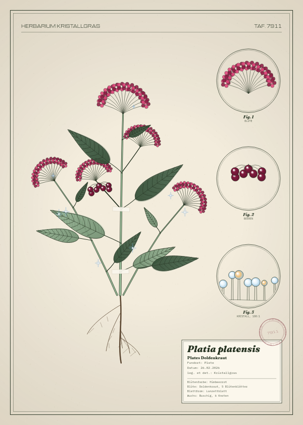 Botanische Tafel: Platia platensis, eine erfundene Pflanze aus Plate, gezeichnet wie in einem alten Pflanzenatlas