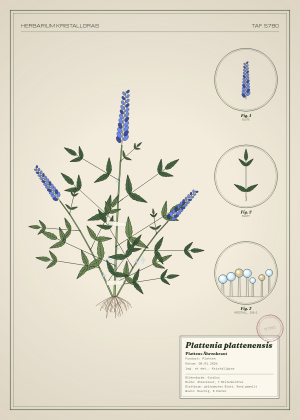 Botanische Tafel: Plattenia plattenensis, eine erfundene Pflanze aus Platten, gezeichnet wie in einem alten Pflanzenatlas