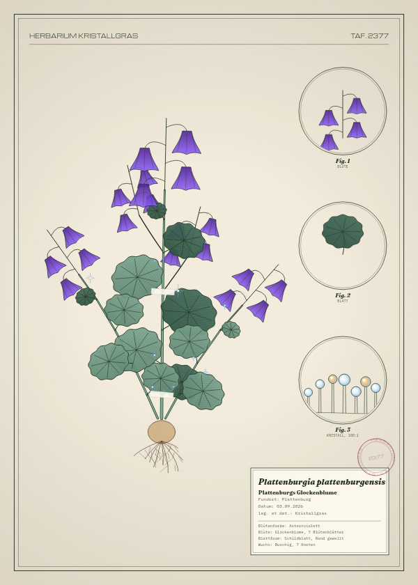 Botanische Tafel: Plattenburgia plattenburgensis, eine erfundene Pflanze aus Plattenburg, gezeichnet wie in einem alten Pflanzenatlas
