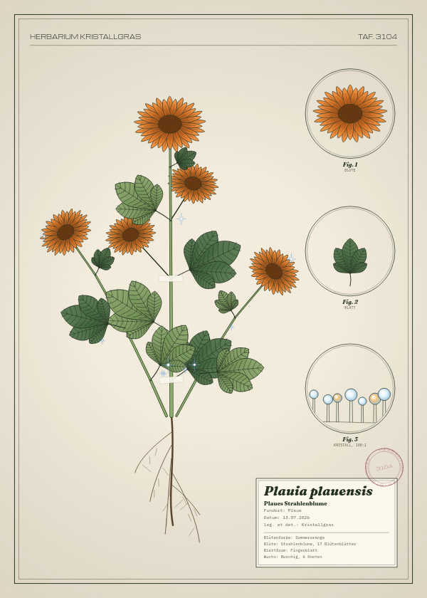 Botanische Tafel: Plauia plauensis, eine erfundene Pflanze aus Plaue, gezeichnet wie in einem alten Pflanzenatlas