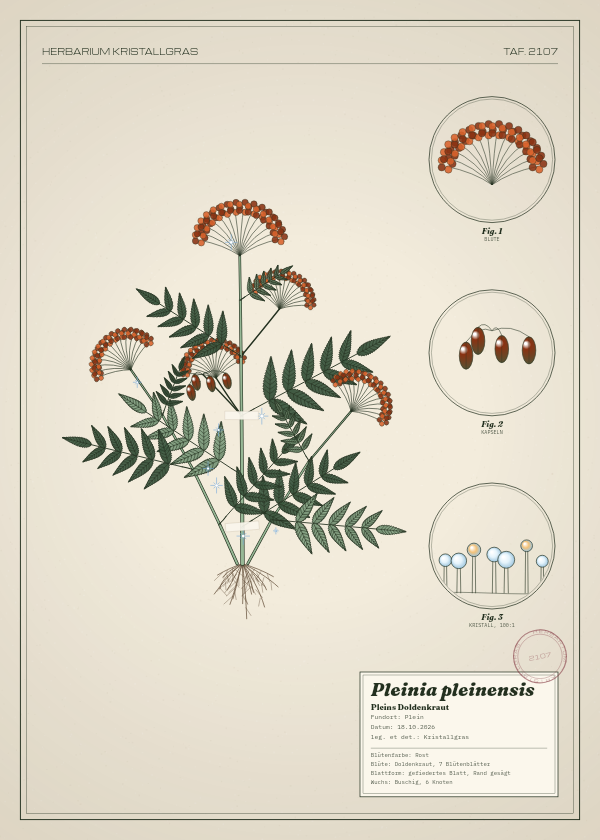 Botanische Tafel: Pleinia pleinensis, eine erfundene Pflanze aus Plein, gezeichnet wie in einem alten Pflanzenatlas