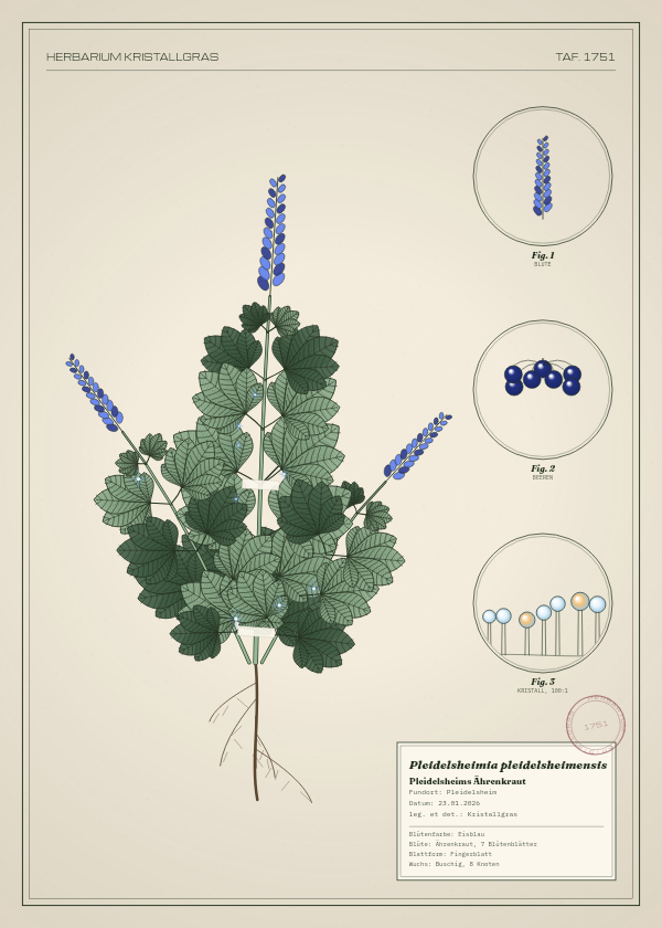Botanische Tafel: Pleidelsheimia pleidelsheimensis, eine erfundene Pflanze aus Pleidelsheim, gezeichnet wie in einem alten Pflanzenatlas