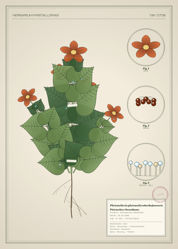 Botanische Tafel: Pleisweileria pleisweileroberhofenensis, eine erfundene Pflanze aus Pleisweiler-Oberhofen, gezeichnet wie in einem alten Pflanzenatlas