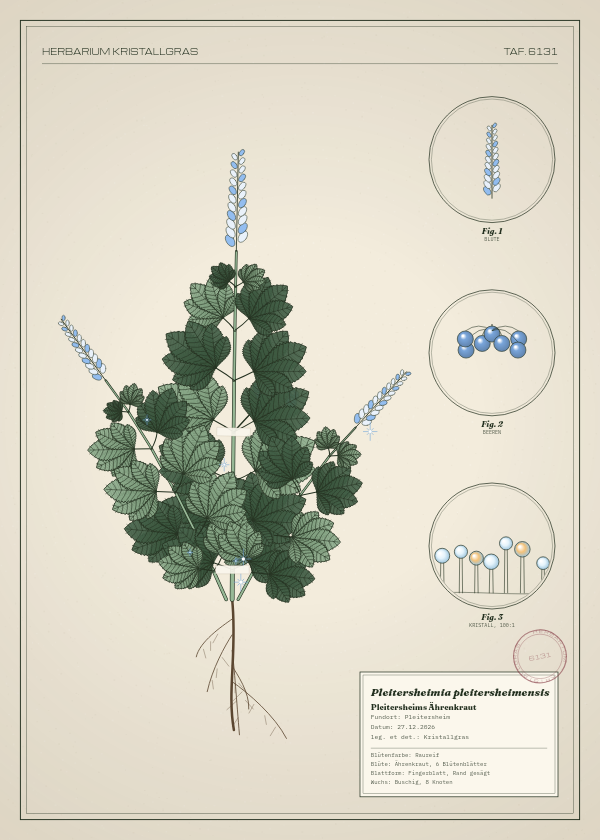 Botanische Tafel: Pleitersheimia pleitersheimensis, eine erfundene Pflanze aus Pleitersheim, gezeichnet wie in einem alten Pflanzenatlas