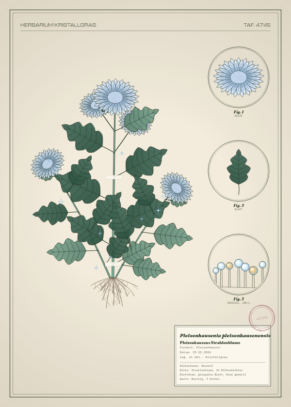 Botanische Tafel: Pleizenhausenia pleizenhausenensis, eine erfundene Pflanze aus Pleizenhausen, gezeichnet wie in einem alten Pflanzenatlas