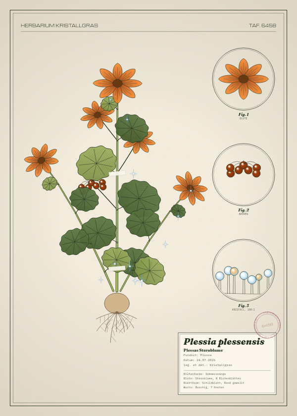 Botanische Tafel: Plessia plessensis, eine erfundene Pflanze aus Plessa, gezeichnet wie in einem alten Pflanzenatlas