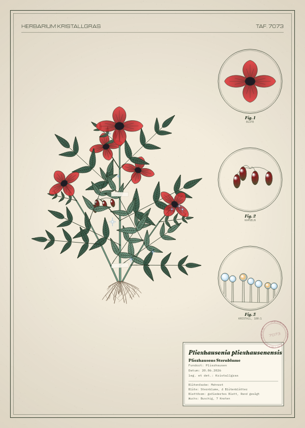 Botanische Tafel: Pliezhausenia pliezhausenensis, eine erfundene Pflanze aus Pliezhausen, gezeichnet wie in einem alten Pflanzenatlas