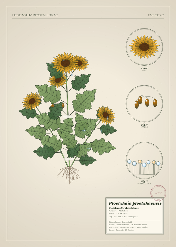 Botanische Tafel: Ploetzkaia ploetzkaensis, eine erfundene Pflanze aus Plötzkau, gezeichnet wie in einem alten Pflanzenatlas