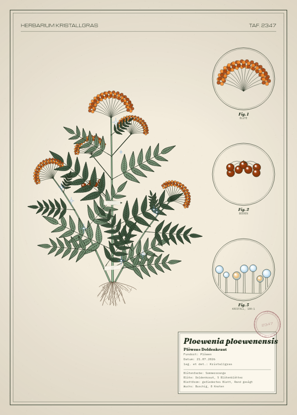 Botanische Tafel: Ploewenia ploewenensis, eine erfundene Pflanze aus Plöwen, gezeichnet wie in einem alten Pflanzenatlas