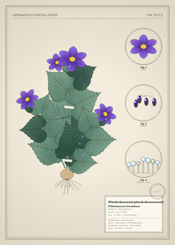 Botanische Tafel: Pluederhausenia pluederhausenensis, eine erfundene Pflanze aus Plüderhausen, gezeichnet wie in einem alten Pflanzenatlas