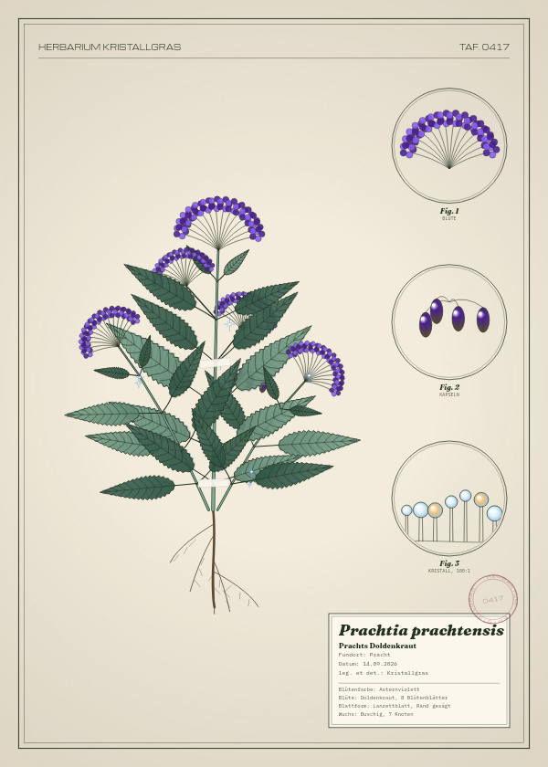 Botanische Tafel: Prachtia prachtensis, eine erfundene Pflanze aus Pracht, gezeichnet wie in einem alten Pflanzenatlas