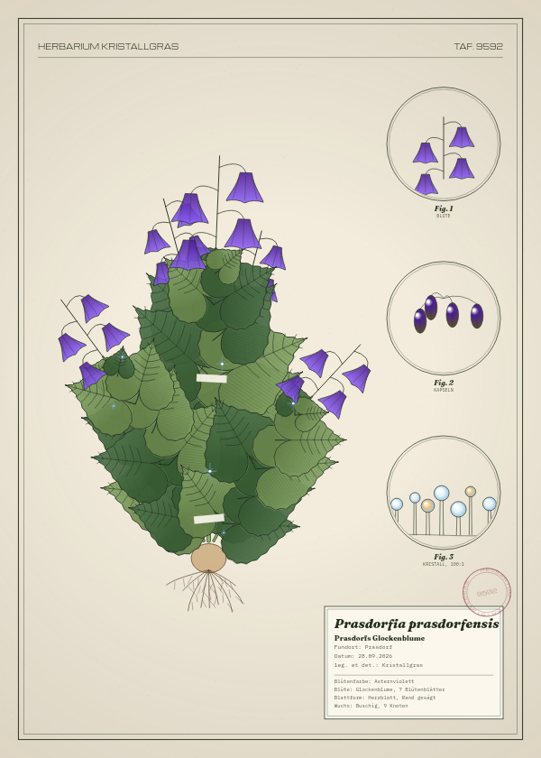 Botanische Tafel: Prasdorfia prasdorfensis, eine erfundene Pflanze aus Prasdorf, gezeichnet wie in einem alten Pflanzenatlas