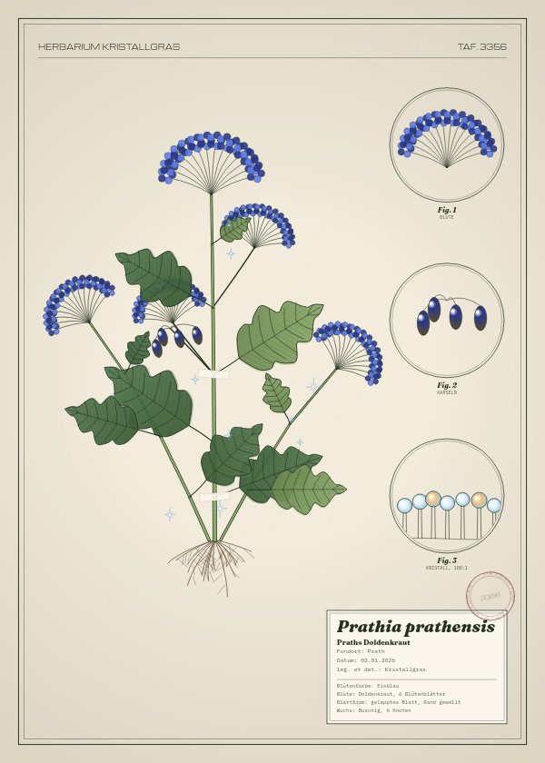 Botanische Tafel: Prathia prathensis, eine erfundene Pflanze aus Prath, gezeichnet wie in einem alten Pflanzenatlas