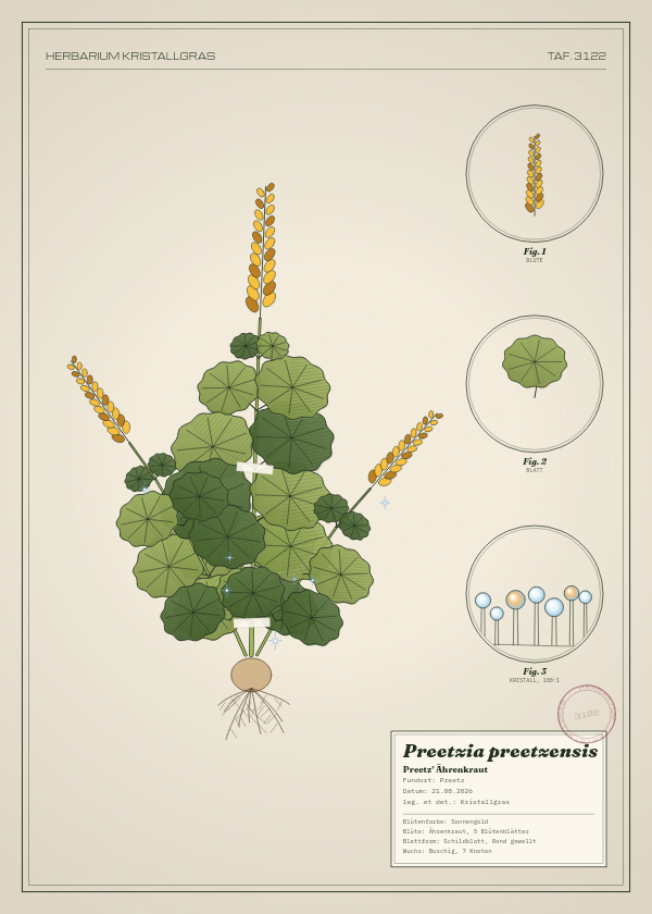Botanische Tafel: Preetzia preetzensis, eine erfundene Pflanze aus Preetz, gezeichnet wie in einem alten Pflanzenatlas