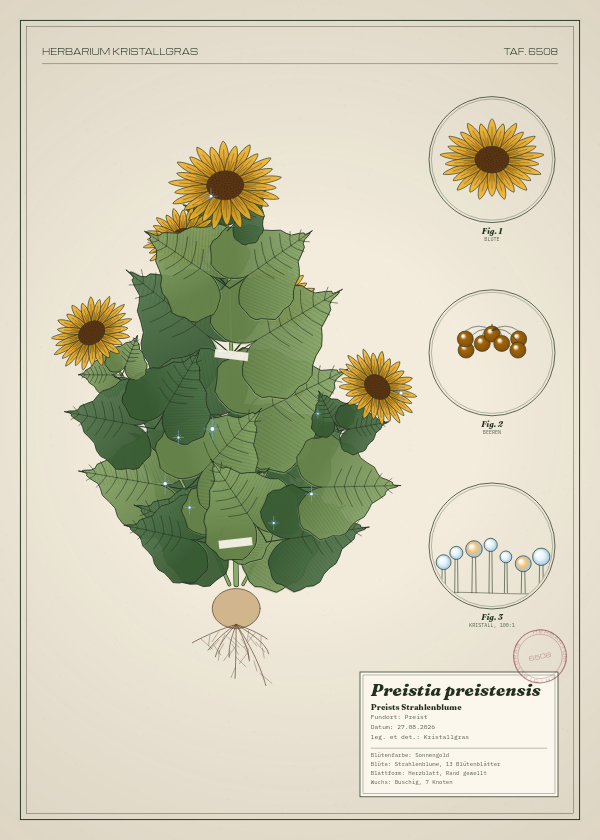 Botanische Tafel: Preistia preistensis, eine erfundene Pflanze aus Preist, gezeichnet wie in einem alten Pflanzenatlas