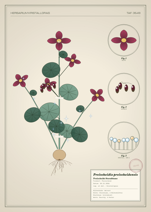 Botanische Tafel: Preischeidia preischeidensis, eine erfundene Pflanze aus Preischeid, gezeichnet wie in einem alten Pflanzenatlas