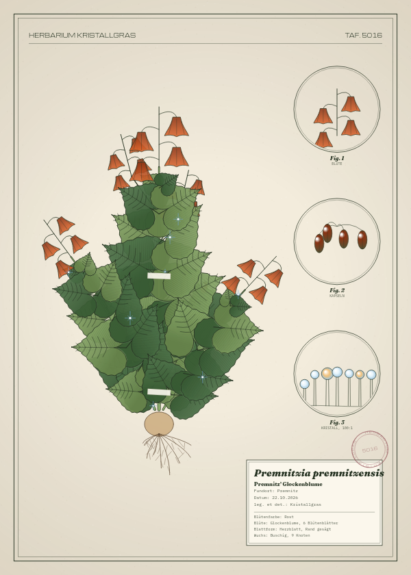 Botanische Tafel: Premnitzia premnitzensis, eine erfundene Pflanze aus Premnitz, gezeichnet wie in einem alten Pflanzenatlas