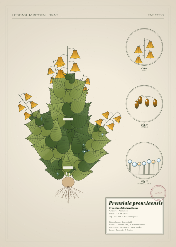 Botanische Tafel: Prenzlaia prenzlaensis, eine erfundene Pflanze aus Prenzlau, gezeichnet wie in einem alten Pflanzenatlas