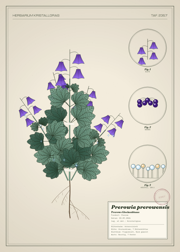 Botanische Tafel: Prerowia prerowensis, eine erfundene Pflanze aus Prerow, gezeichnet wie in einem alten Pflanzenatlas